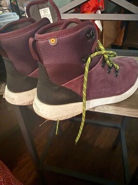 Boss Men's Burgundy and Black High-Top Boots with Yellow Accent Laces